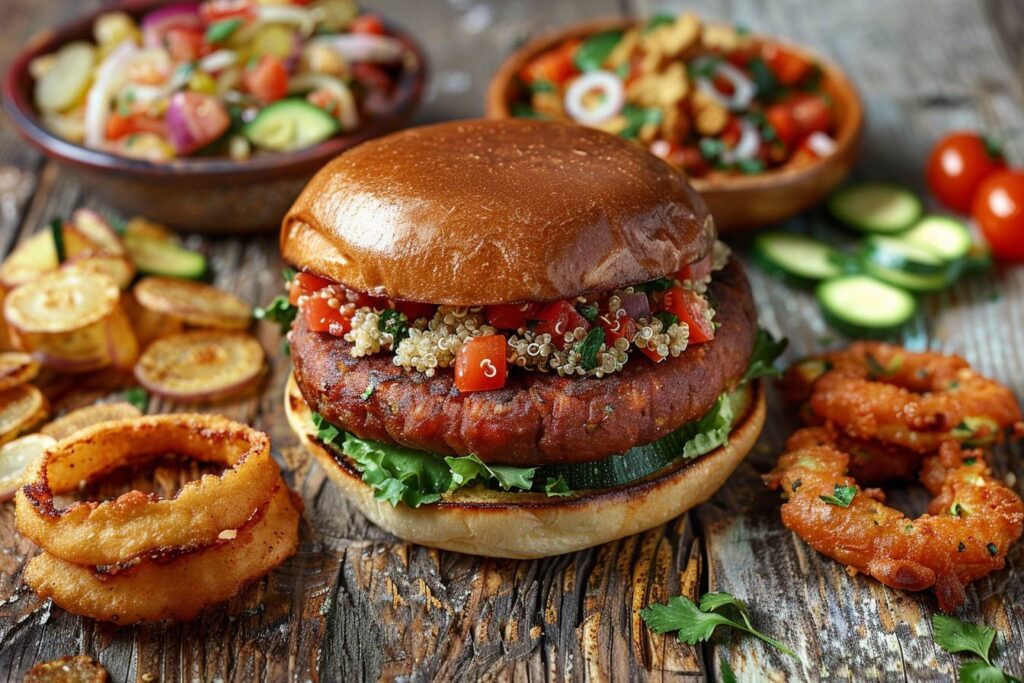 Frites dorées servies avec un burger végétal