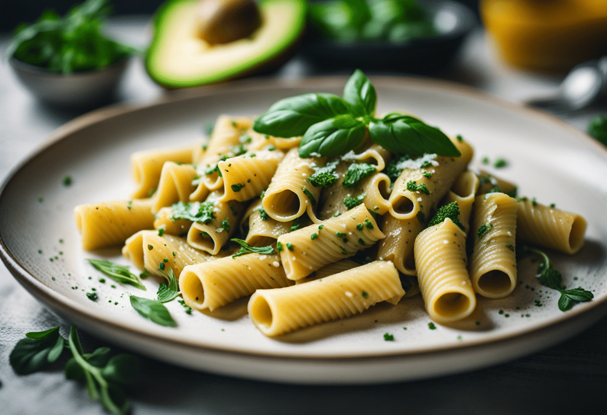 Assiette de pâtes délicieuses et colorées sans œufs  
Pâtes savoureuses préparées avec des ingrédients vegans