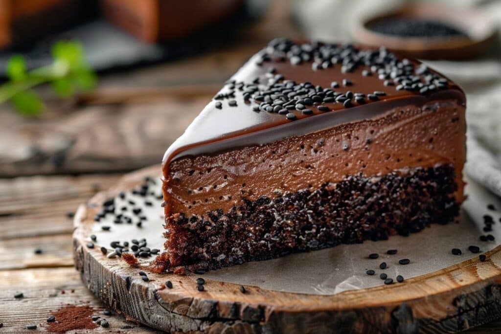 Gâteau chocolat sésame noir sur assiette décorée