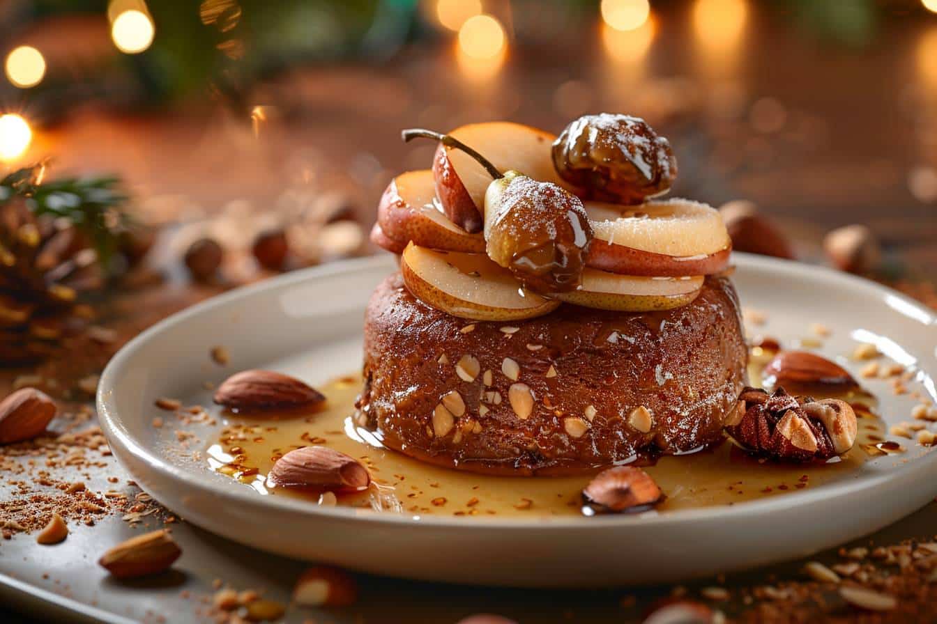 Dessert festif aux amandes dattes marrons et poire  
Délicieux entremets de Noël avec fruits et noix