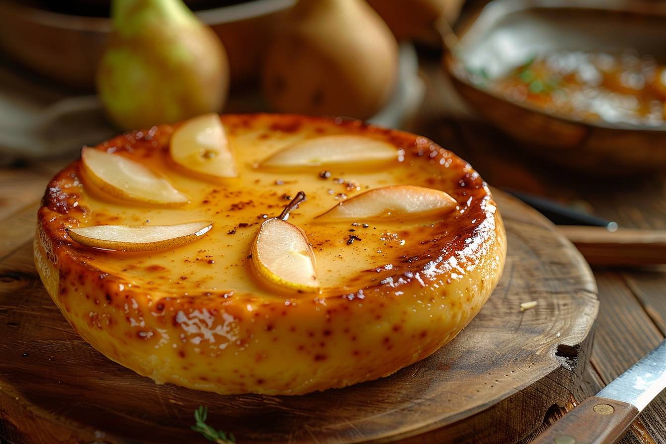 Flan pâtissier végétal garni de poires dorées  
Dessert onctueux à base de poires et de flan végétal