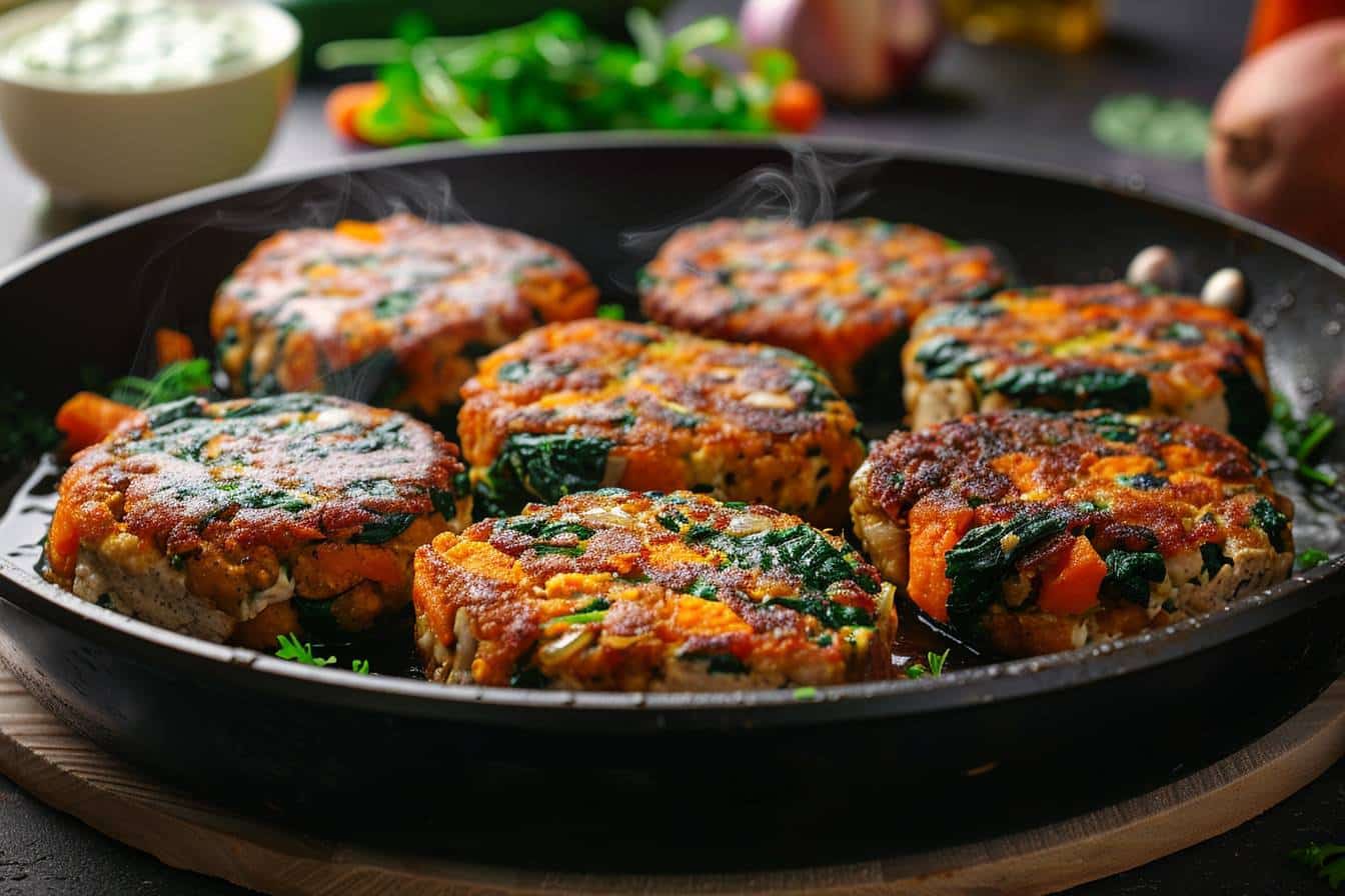 Galettes végétales à base d'épinards et patate douce  
Préparation de galettes avec épinards tofu et patate douce