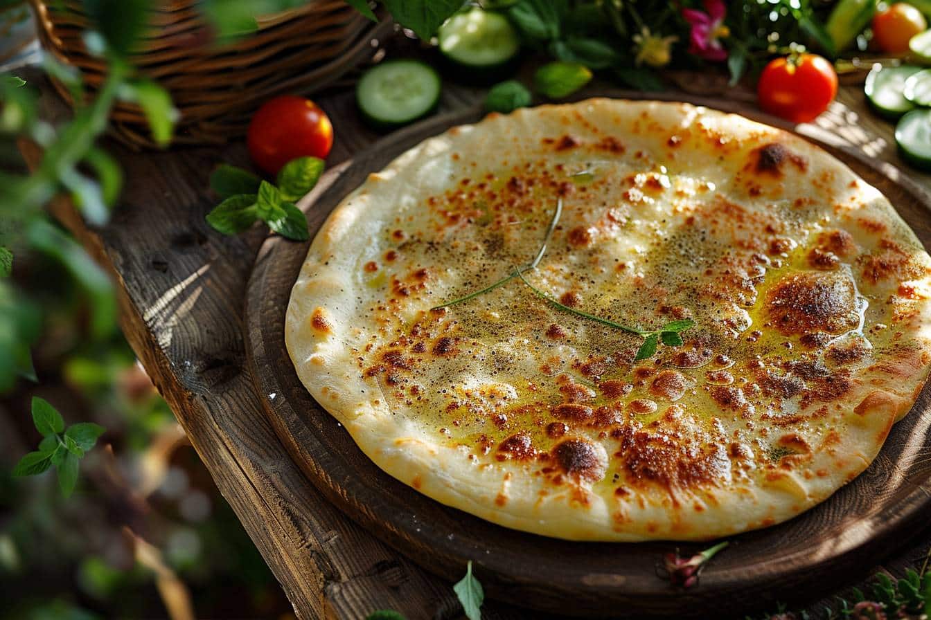 Galette garnie de zaatar savoureux et parfumé  
Délicieuse man’ouché au zaatar croustillante et dorée