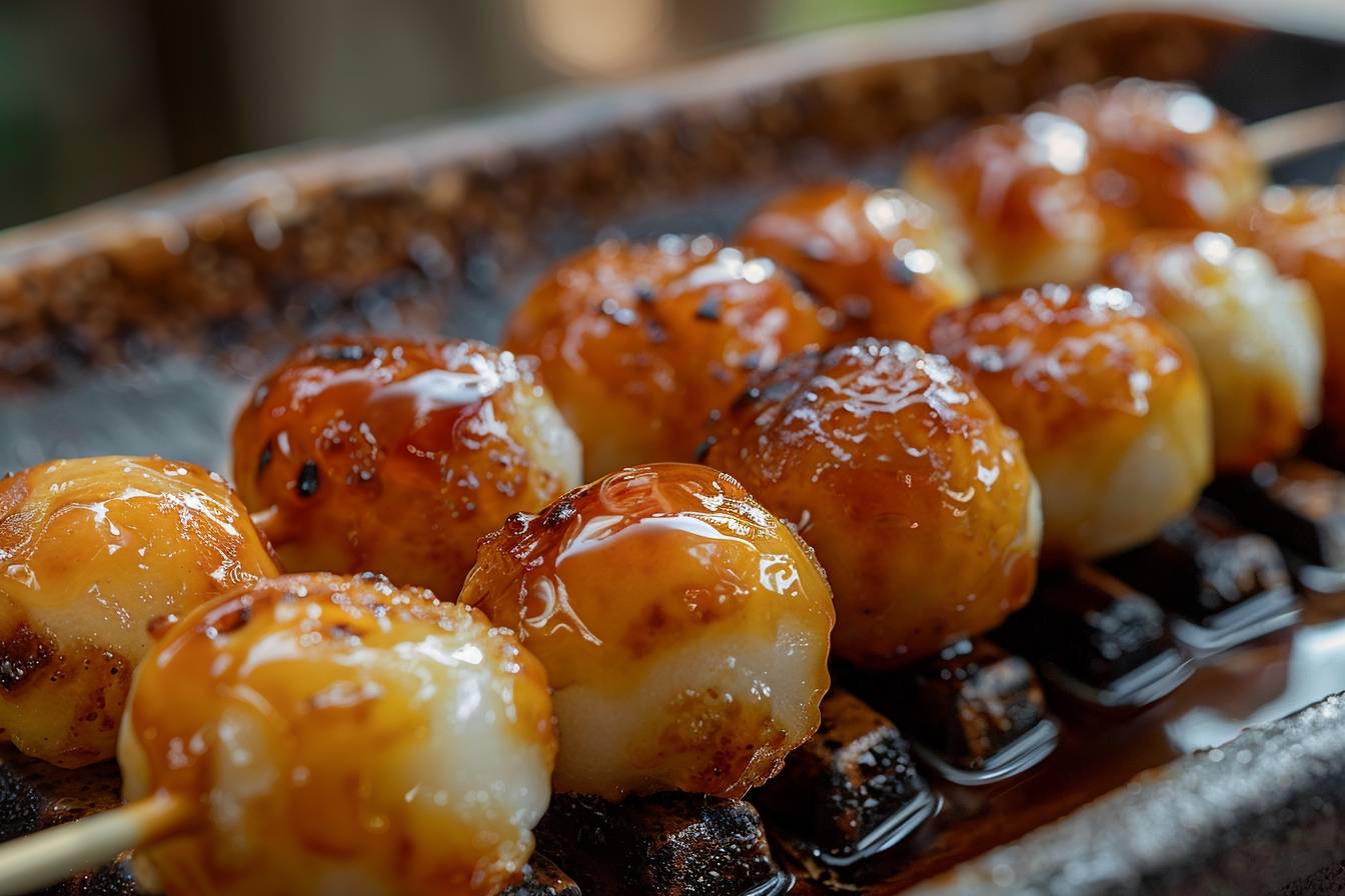 Bâtonnets de mochi enrobés de sauce sucrée  
Boules de riz gluant grillées avec un glaçage doux