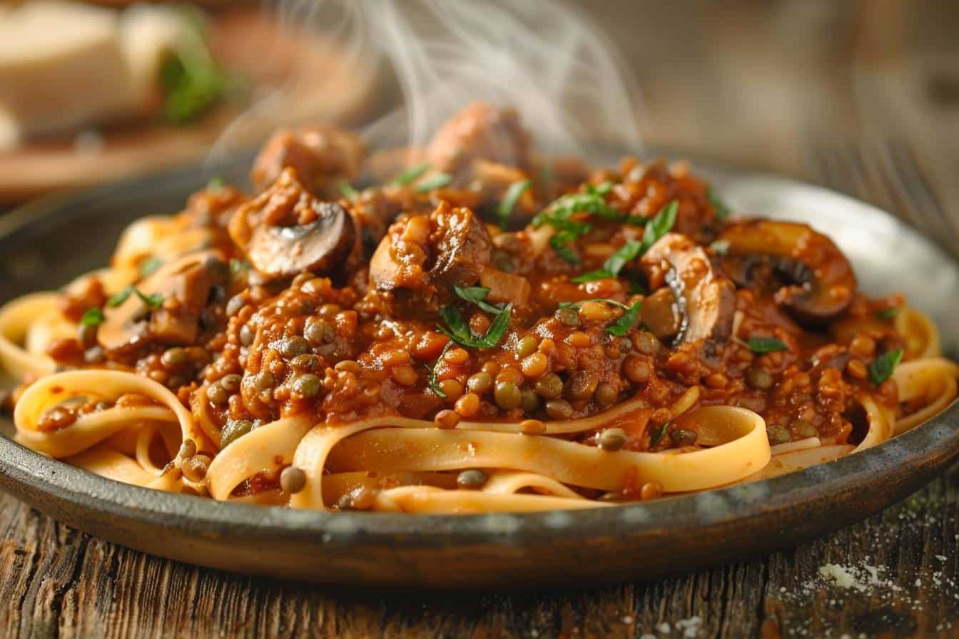 Pasta bolognaise vegan avec protéines végétales savoureuses  
Recette parfaite de bolognaise à base de plantes délicieuse