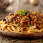 Pasta bolognaise vegan avec protéines végétales savoureuses