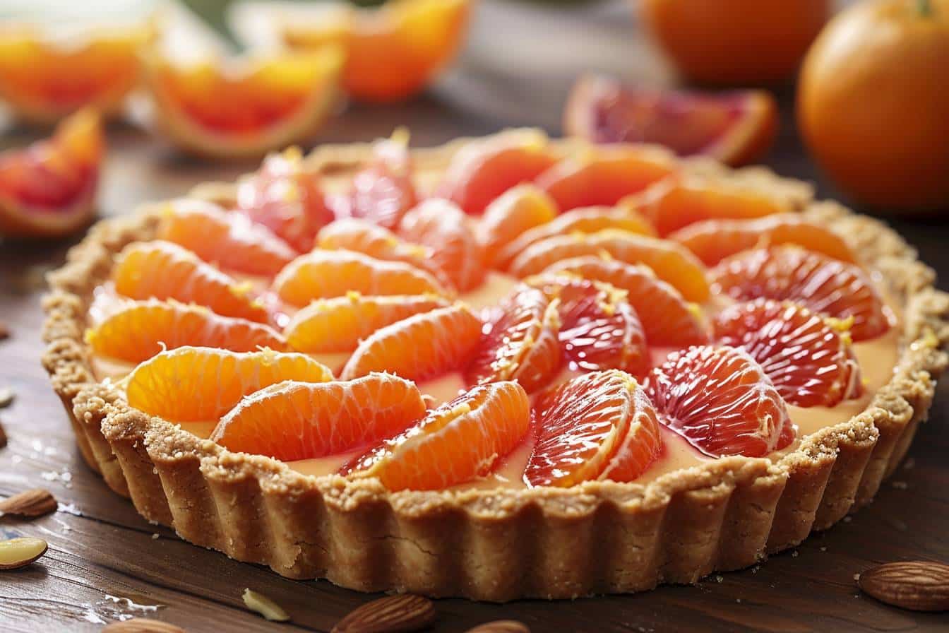 Tarte aux clémentines et yuzu sur une table en bois