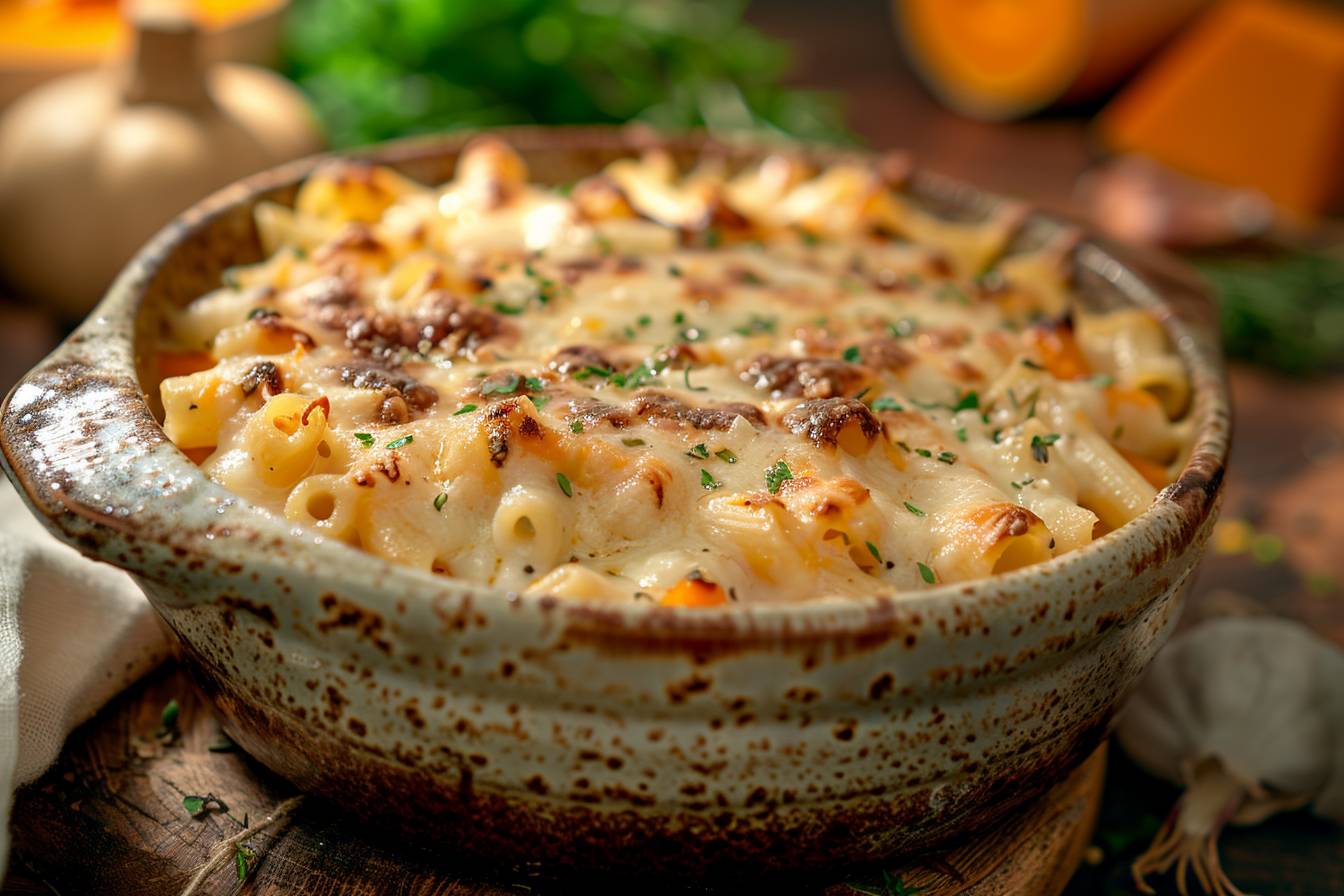 Gratin de pâtes savoureux avec butternut  
Plat réconfortant de pâtes et butternut crémeux