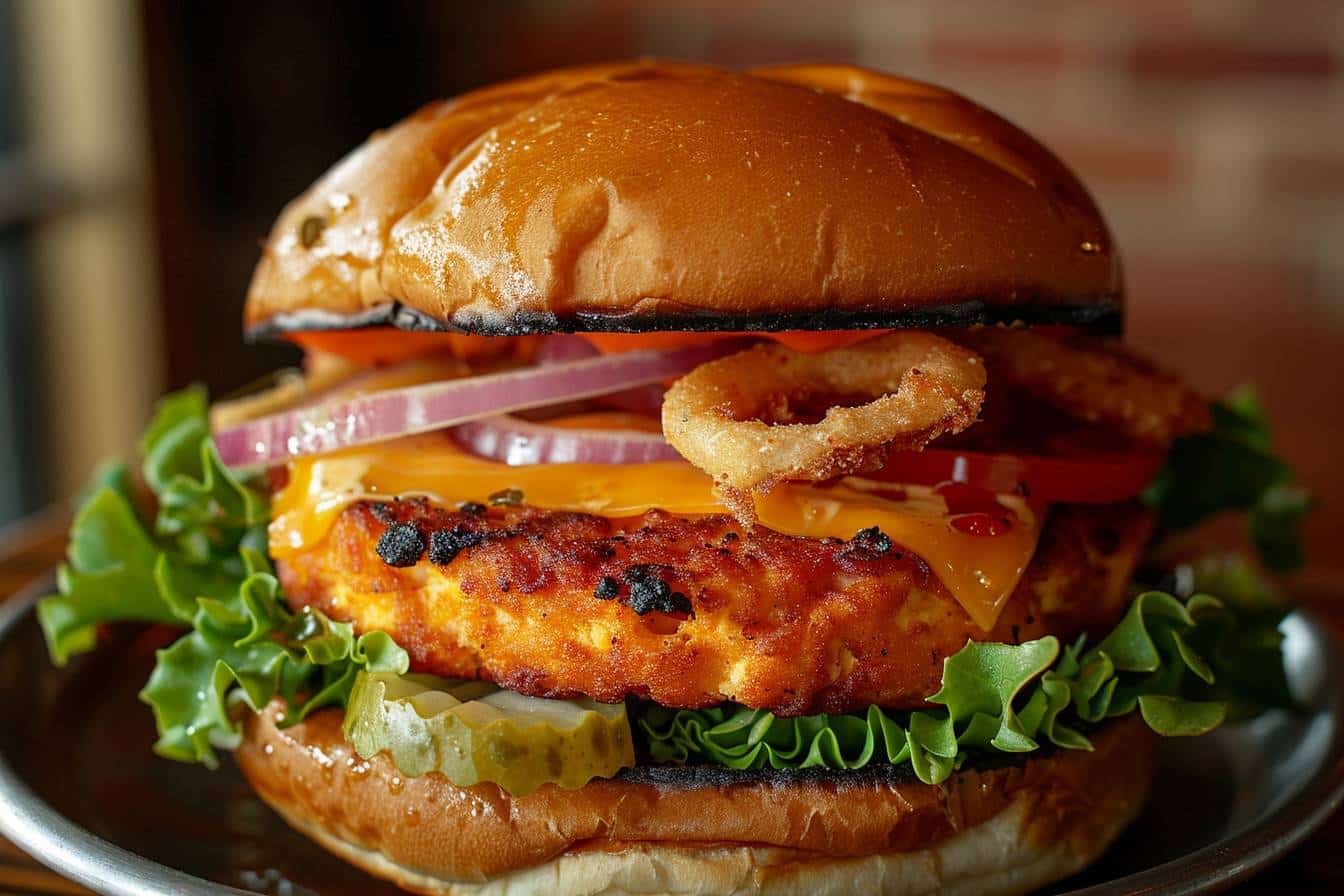 Burger végétal épicé savoureux et coloré  
Délicieux burger aux légumes avec épices relevées